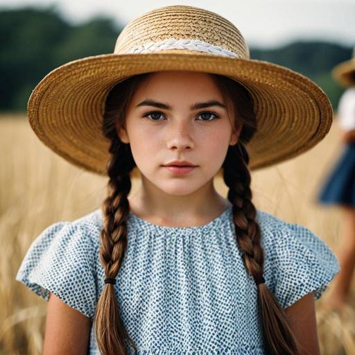 Young girl with straw hat and braids