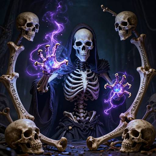 Digital artwork of a skeletal figure with glowing purple flames, surrounded by four skulls and bones with runes, in a dark, eerie forest.