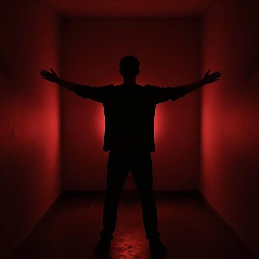 Silhouetted Man in Red-lit Corridor