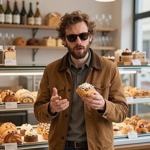Man Holding Pastry in Bakery