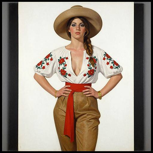 Photograph of a confident woman with fair skin, brown hair, and blue eyes, wearing a white floral blouse, deep V-neck, tan pants,