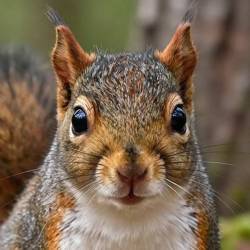 Close-up photograph of a curious gray squirrel with large black eyes, orange-brown fur, and white underbelly, set against a blurred green and