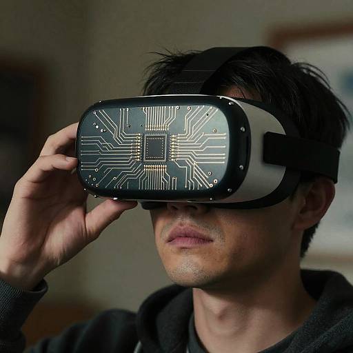 Man Wearing VR Headset with Circuit Board Design