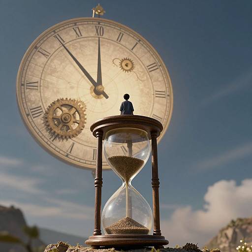 Photograph of a small figure standing on an hourglass, with a large vintage clock in the bright blue sky background.
