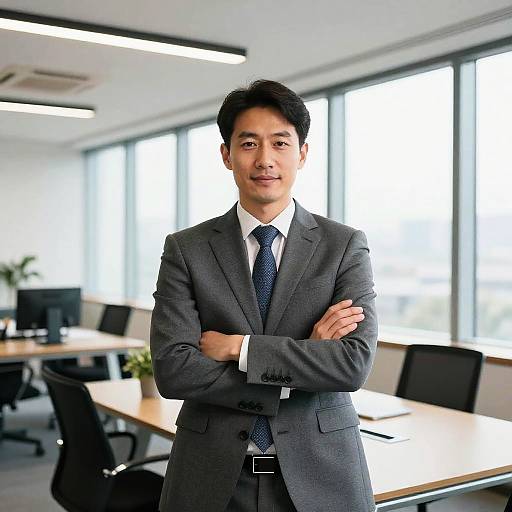 Photograph of an Asian man with short black hair, wearing a gray suit, white shirt, and blue tie, standing with arms crossed in a bright