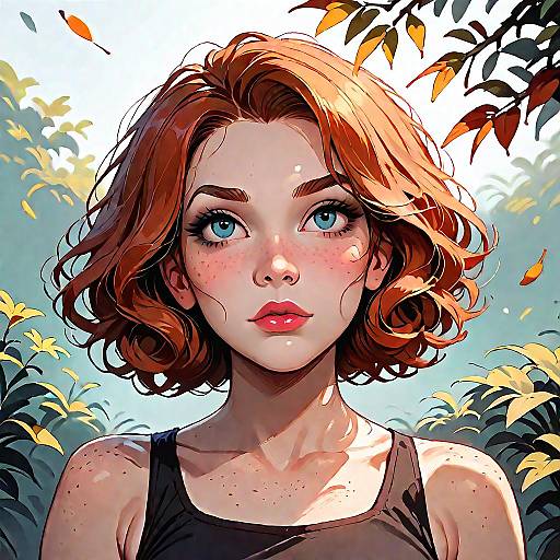 Freckled Redhead Woman in Forest Light