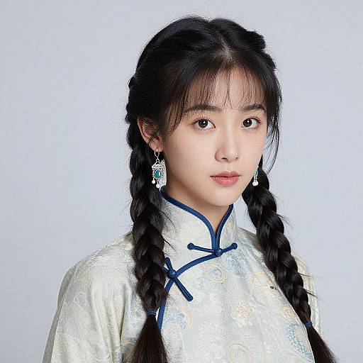 Photograph of an East Asian woman with long black braids, wearing a white, intricately patterned Chinese cheongsam with blue trim, and