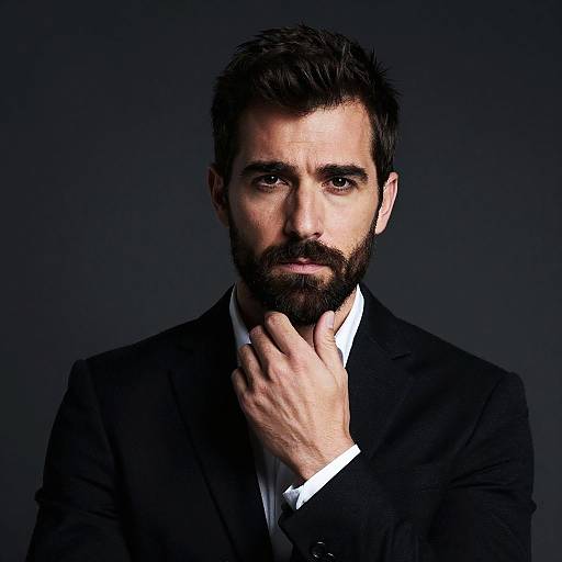 Photograph of a serious, bearded man with dark hair, wearing a black suit and white shirt, touching his chin against a dark gray background.