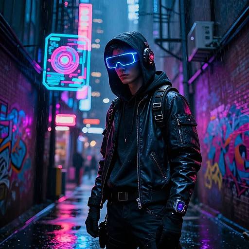 Neon-lit, cyberpunk alley: hooded man in black leather jacket, glowing blue visor, headphones, rain-soaked street, vibrant