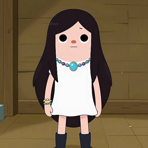 Cartoon-style digital drawing of a girl with long black hair, wearing a white dress, blue necklace, and bracelet, standing in a wooden shed.