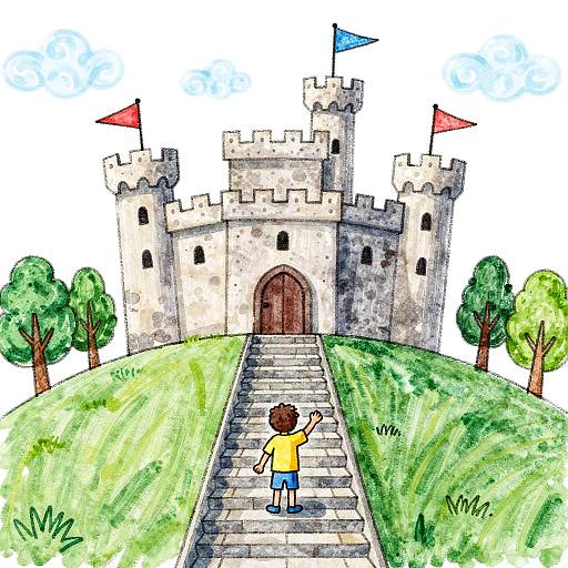 Colorful watercolor drawing of a child in yellow shirt and blue shorts, climbing stone steps to a tall, castle-like stone building with red and blue