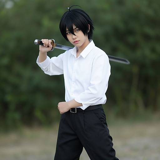Photograph of an Asian man with black hair, wearing a white shirt and black pants, holding a sword in an outdoor, blurred greenery background,