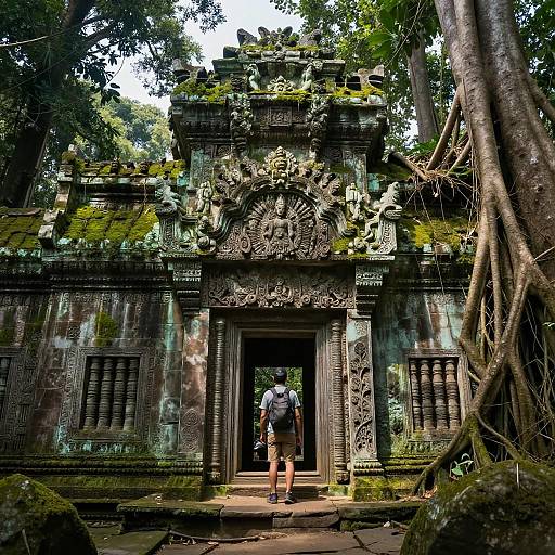 Explorer at Ancient Jungle Temple Entrance