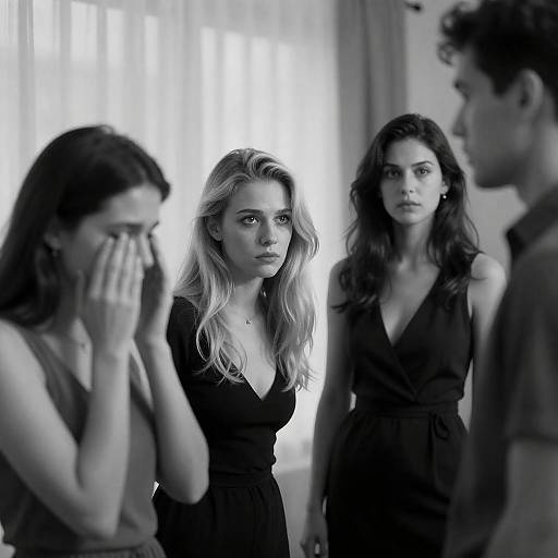 Black and White Portrait of Tense Group of Four People