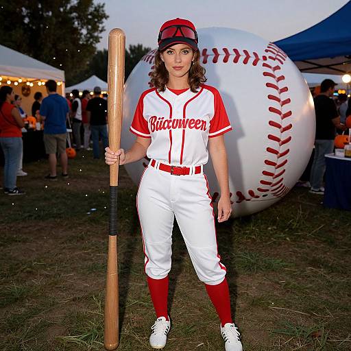 Photograph of a curly-haired woman in a white and red baseball uniform, holding a bat, standing in front of a giant baseball at a twilight outdoor