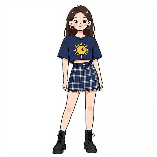 Digital drawing of a cute, young woman with long brown hair, wearing a navy sun graphic crop top, blue plaid skirt, black boots, and