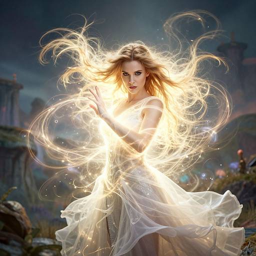 Woman Casting Magical Spell with Glowing Hair
