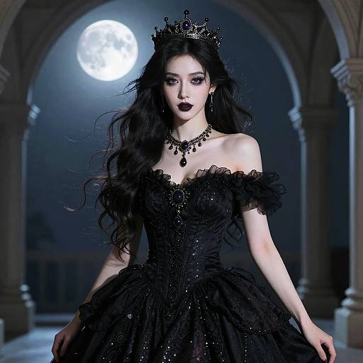 Digital illustration of a dark-haired, pale-skinned queen with black makeup, crown, and off-shoulder black gown, standing in a moonlit