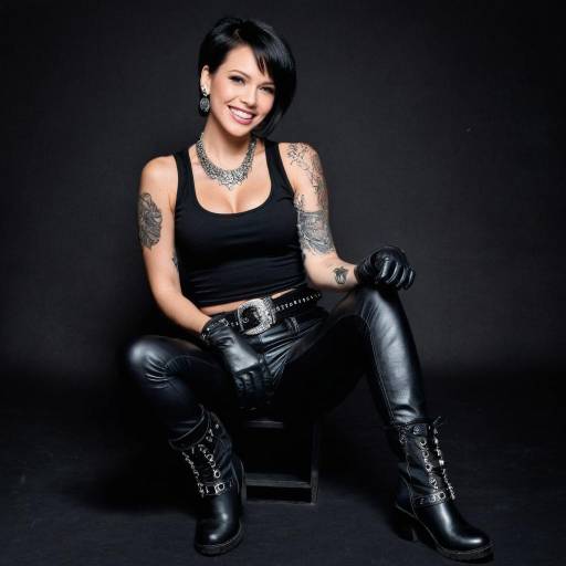 Smiling Punk Woman in Black Leather Outfit