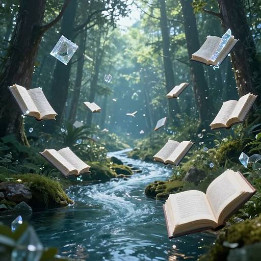 Magical forest scene: Glowing, floating books and bubbles over a mossy, winding stream, illuminated by sunlight filtering through tall trees.