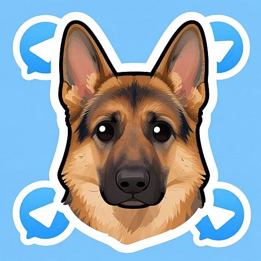 Digital drawing of a German Shepherd's head on a light blue background with white, circular outlines. The dog has black and tan fur, large ears,