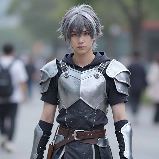Photograph of a young man with silver-gray hair, wearing silver armor over a black shirt, standing in a blurred city street.