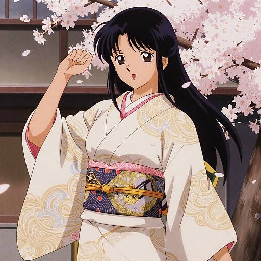 Anime-style digital drawing of a young woman with long black hair, wearing a white kimono with a colorful obi, standing under cherry blossoms.