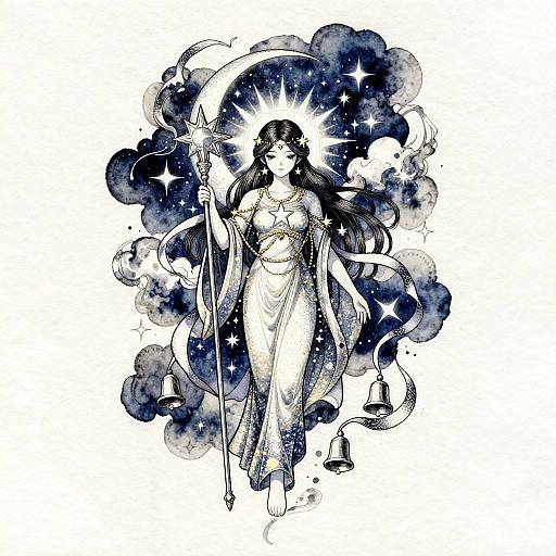 Digital illustration of a celestial goddess with long black hair, white dress, and starry blue background, holding a staff.