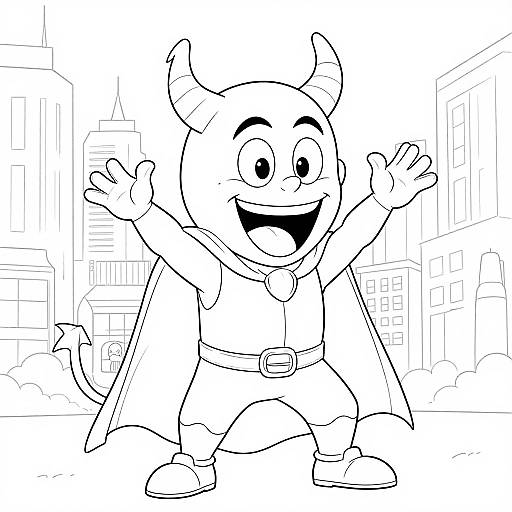 Black-and-white cartoon drawing of a cheerful, horned demon superhero with a cape, open arms, big smile, and cityscape background.