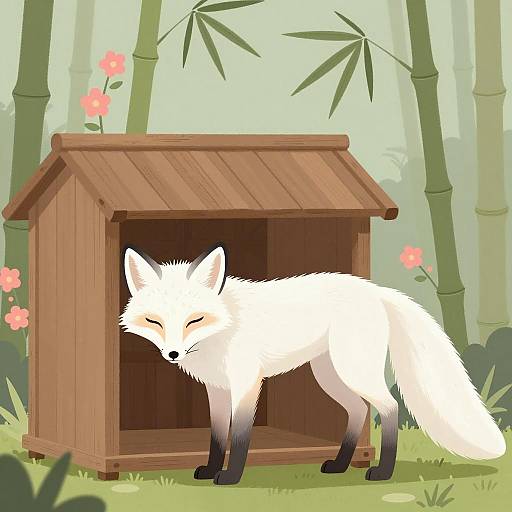 Serene White Fox by Wooden Structure