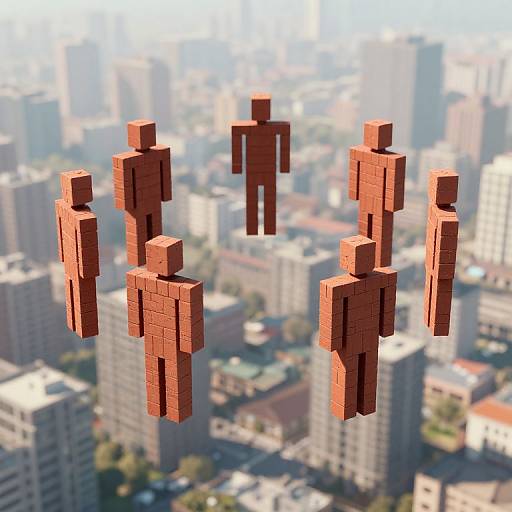 Geometric Brick Figures Over Cityscape