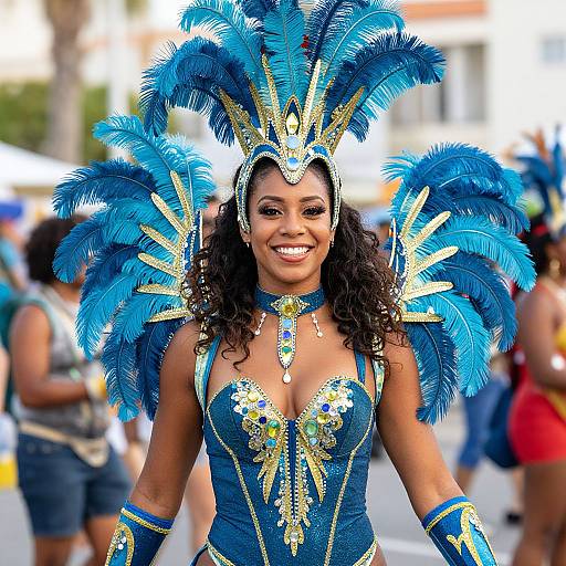 Photograph of a smiling Black woman in a vibrant blue Carnival costume with gold accents, large feathered headdress, and sequined bodice, walking