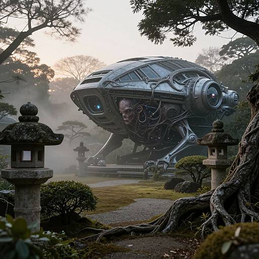 Photorealistic CGI of a futuristic, robotic creature with exposed wires and a skull face, standing in a misty, traditional Japanese garden.