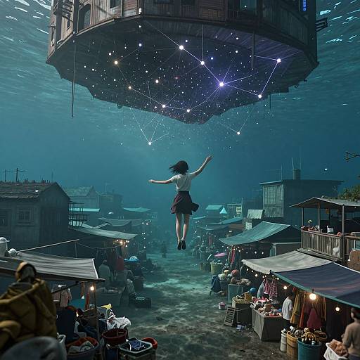 Digital art: Woman in a blue dress and black skirt, arms outstretched, floats upward toward a glowing, star-connected floating structure above a bustling