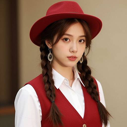 Photograph of an Asian woman with fair skin, braided brown hair, wearing a red hat, red vest, white shirt, and large circular earrings