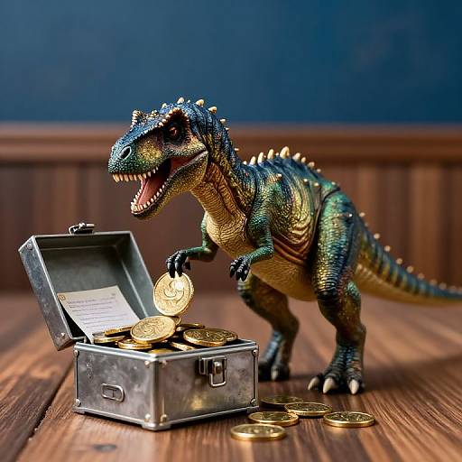 Photograph of a detailed, green and yellow dinosaur toy with spiked back, reaching for gold coins in an open, silver treasure chest on a wooden floor