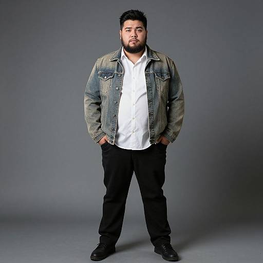 Photograph of a bearded man with short black hair, wearing a white shirt, denim jacket, black pants, and black shoes, standing against a