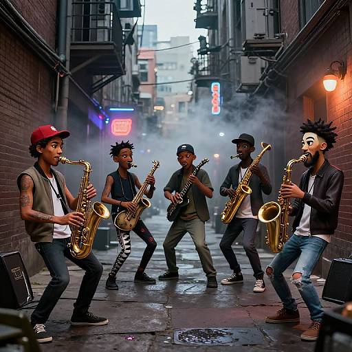 Photograph of six male street musicians playing saxophones and a bass guitar in a narrow, urban alley with neon signs and mist.