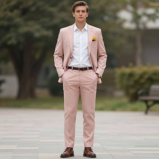 Photograph of a young man with short brown hair, wearing a light pink suit, white shirt, black belt, brown shoes, and a yellow flower