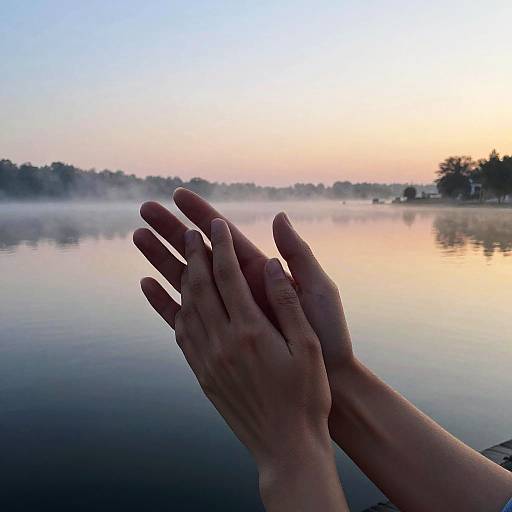 Photograph of silhouetted hands raised above a calm, misty lake at dawn, reflecting soft pink and blue sky hues.