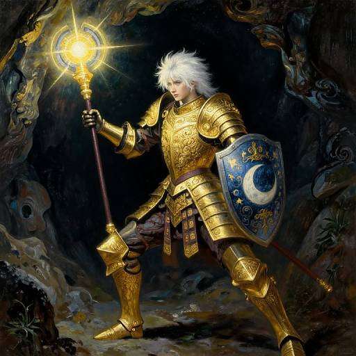 Digital fantasy artwork: White-haired knight in golden armor holds glowing staff, shield with crescent moon, standing in dark, mystical cave.