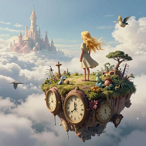 Digital art: Blonde girl in white dress stands on floating clock island with bird, castle in clouds, whimsical creatures, and clocks.