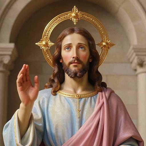 Photorealistic digital painting of Jesus with wavy brown hair, beard, blue and pink robe, golden halo, and raised right hand.