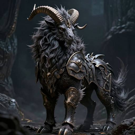Digital art of a majestic, black-furred, horned beast with intricate, metallic armor standing in a dark, misty forest.