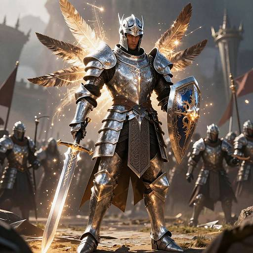 CGI fantasy battle scene: armored knight with golden wings, glowing sword, and shield, stands victorious amidst sunlight and sparks, surrounded by fellow armored warriors