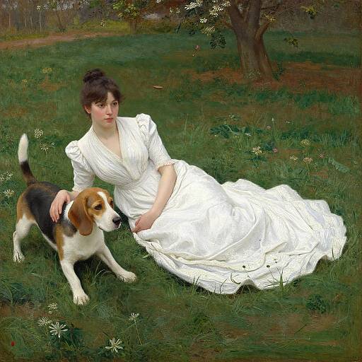 A fair-skinned woman in a white Victorian dress sits on grass, petting a Beagle, under a tree, in a lush, green garden