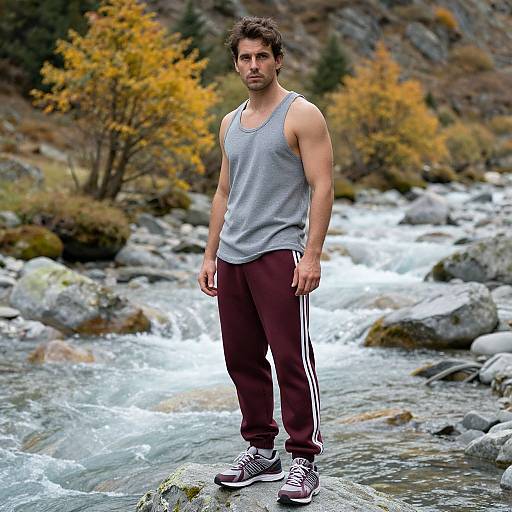 Photograph of a muscular man with dark hair, wearing a gray tank top, maroon track pants, and black sneakers, standing on a rock in
