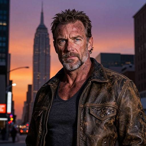 Photograph of rugged, middle-aged man with gray beard and piercing blue eyes, wearing a worn leather jacket and black shirt, standing in front of a