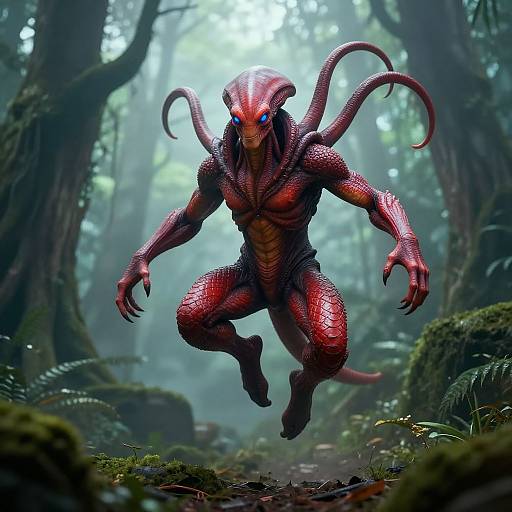 Digital CGI of a muscular, red-scaled, alien creature with blue glowing eyes and multiple tentacle-like appendages, leaping in a misty
