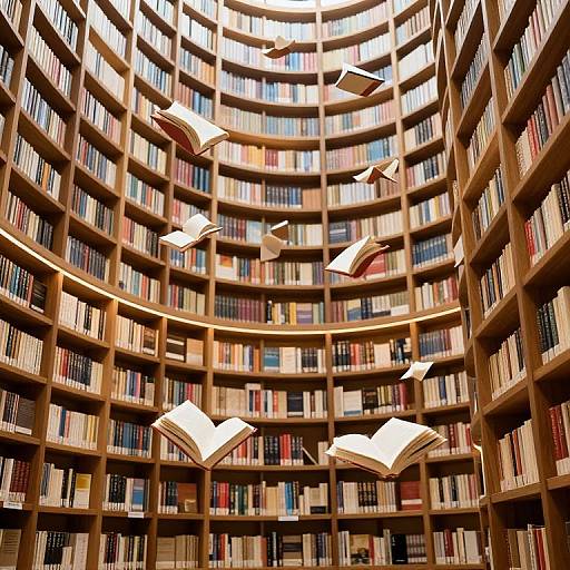 Photograph of a grand, circular library with wooden shelves filled with colorful books, featuring several open books floating mid-air.